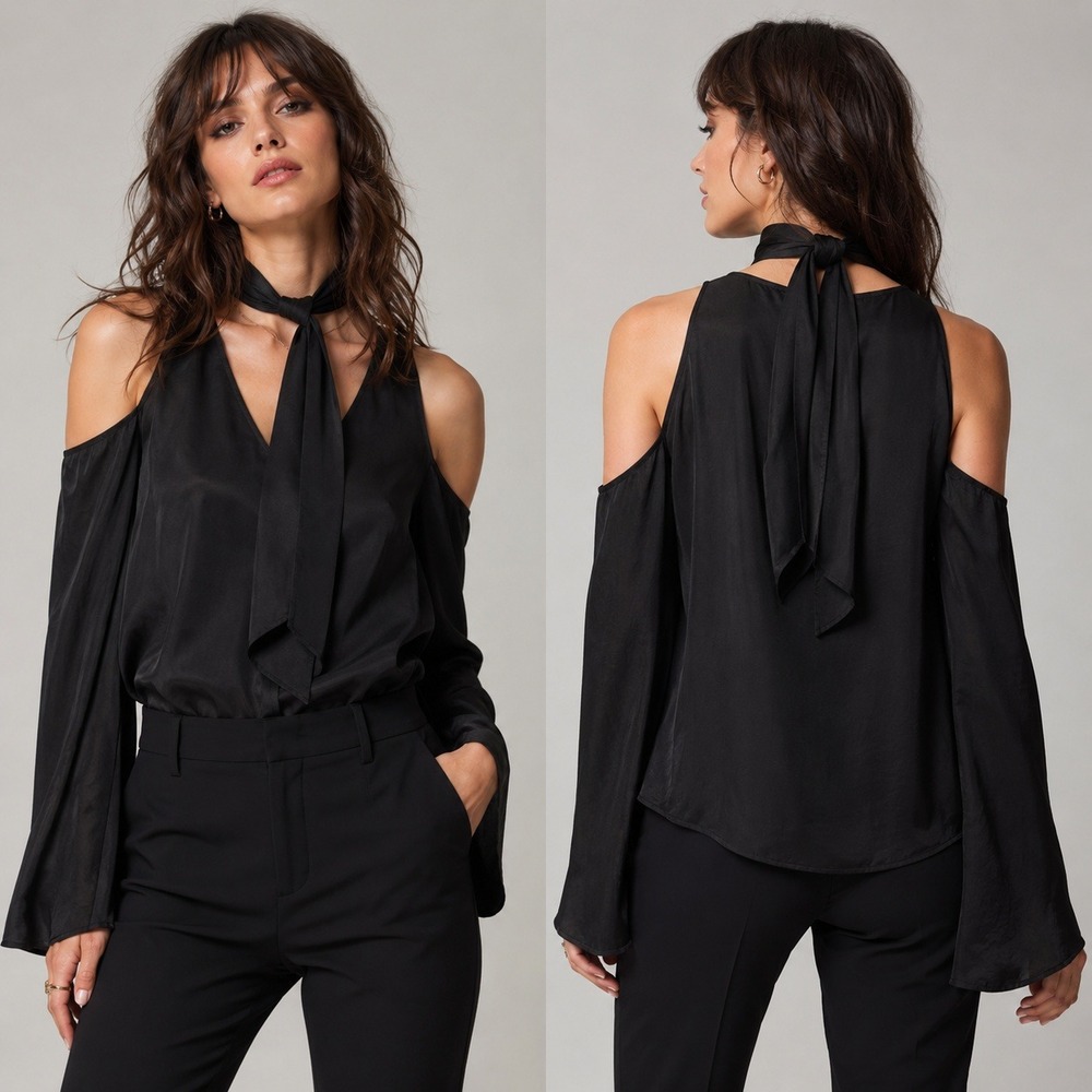 Line & Dot Black Cupro Cold Shoulder Tie Neck‎ Top Womens Small Witchy Goth NWT